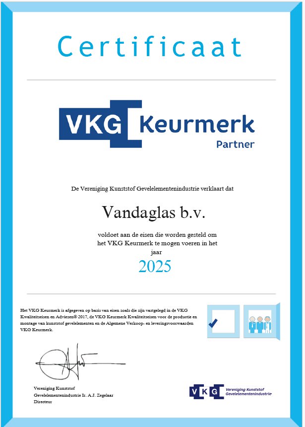 2025 VKG Keurmerk Partnercertificaat Vandaglas